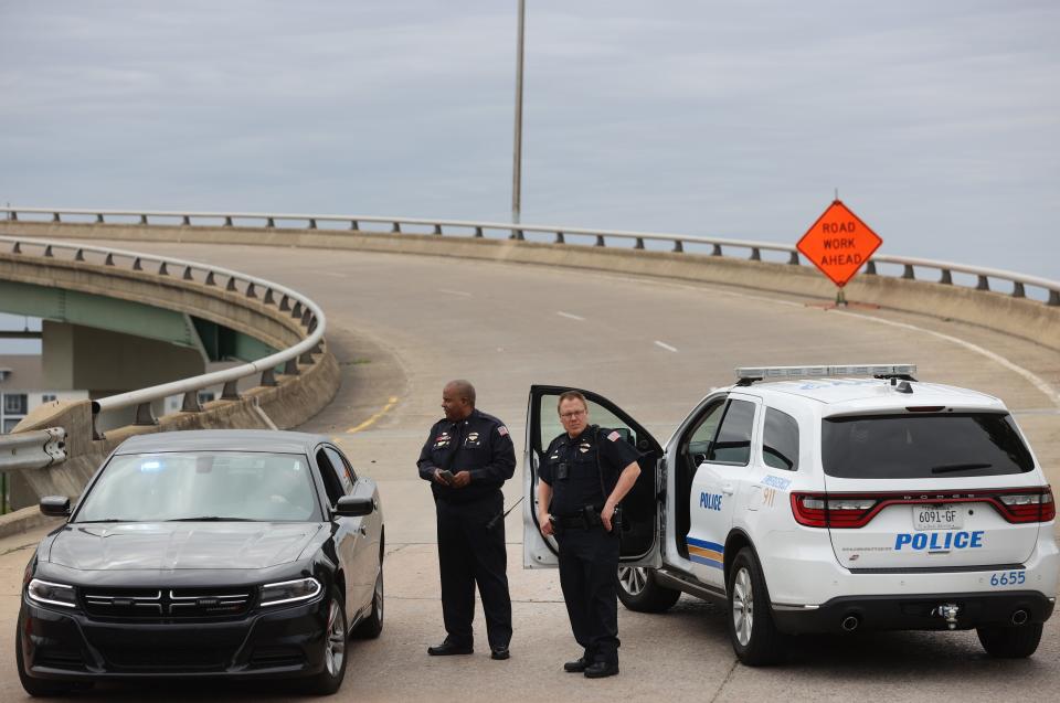 Memphis Police block the entrance to the Hernando de Soto bridge after a 'Structural crack' was found, closing all I-40 lanes over Mississippi River on Tuesday, May 11, 2021. 