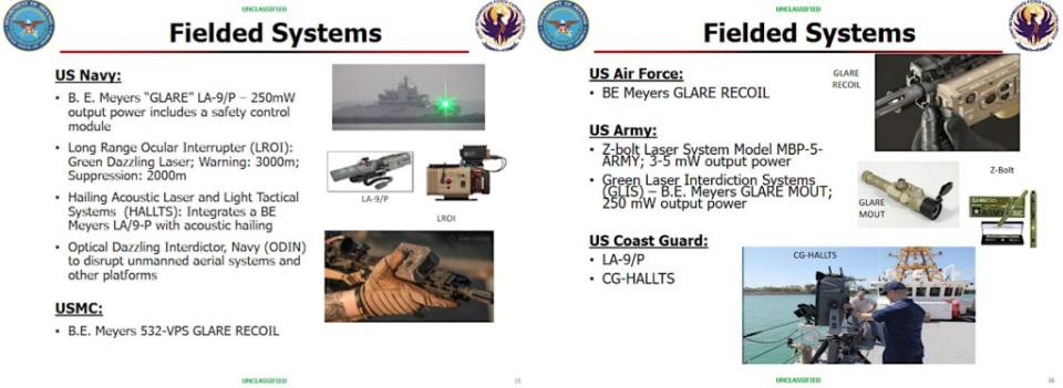 A slide from a 2023 Joint Intermediate Force Capabilities Office (JIFCO) briefing detailing laser dazzlers in service across the US military, including the LA-9/P and ODIN. <em>DOD</em>