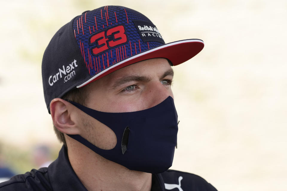 Red Bull driver Max Verstappen, of the Netherlands, responds to a question during a news conference before the Formula One U.S. Grand Prix auto race at Circuit of the Americas, Thursday, Oct. 21, 2021, in Austin, Texas. (AP Photo/Nick Didlick)