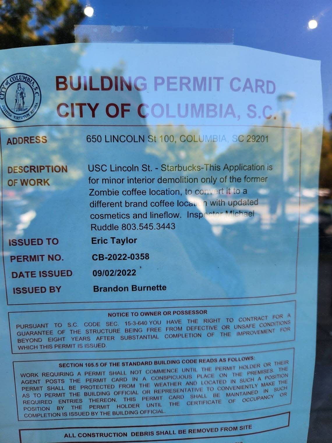 A city of Columbia building permit for a Starbucks at 650 Lincoln.