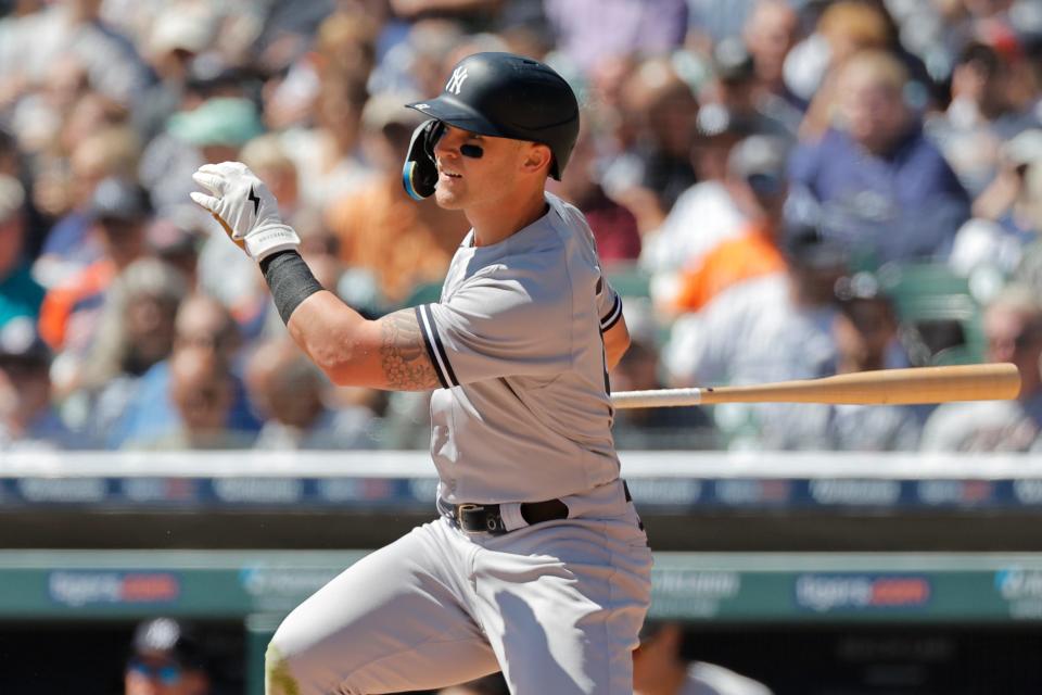 New York Yankees rightfielder Jake Bauers hits a single in the second inning against the Detroit Tigers at Comerica Park.