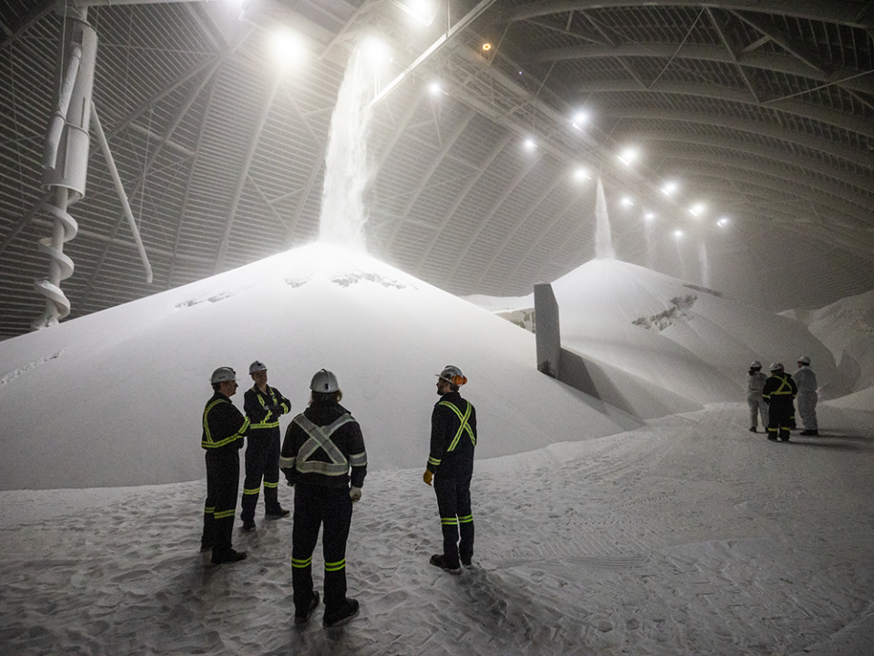  A group tours the white potash storage facility at the Nutrien Cory Mine, seven kilometres west of Saskatoon. “We have a vast resource in Saskatchewan. It’s an incredible endowment of potash,” said Nutrien chief executive Ken Seitz.