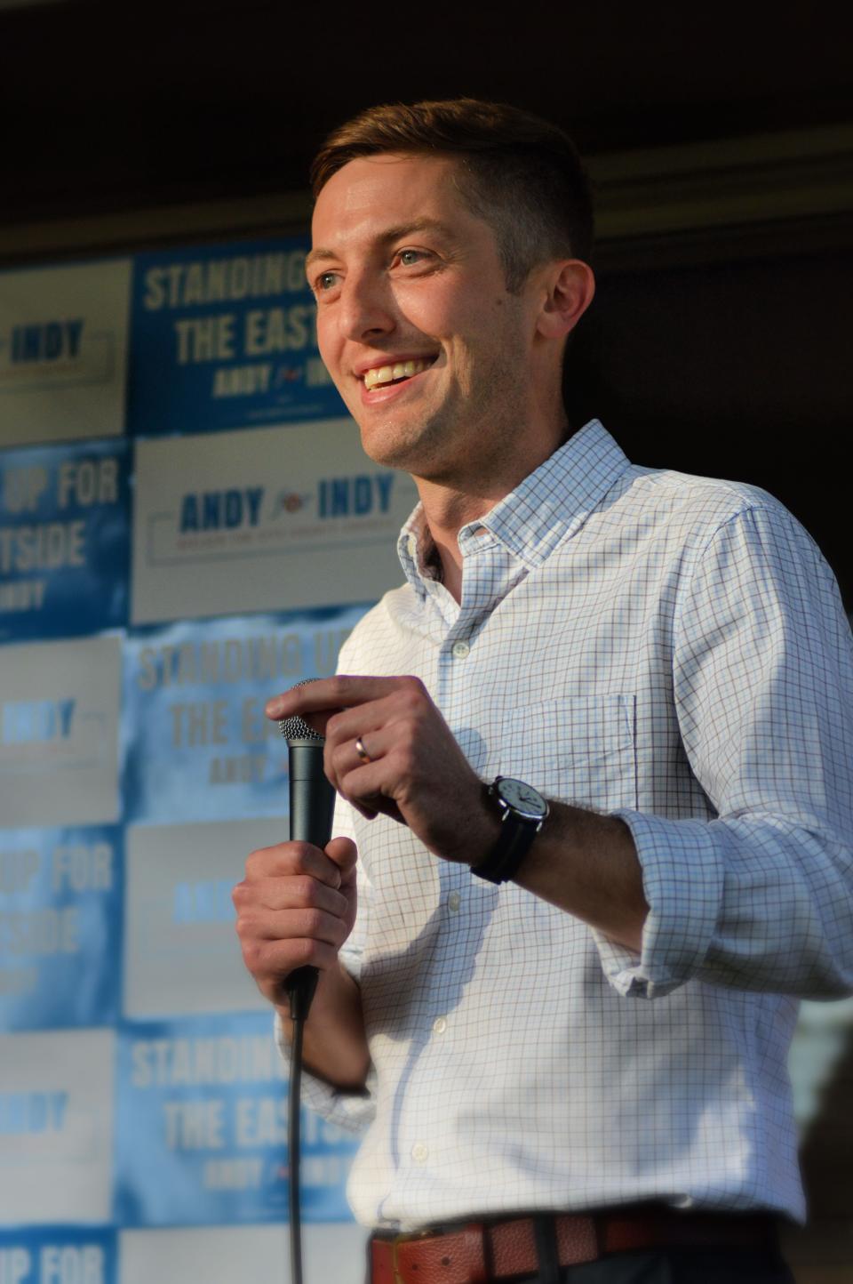 City-County Council District 14 Democratic candidate Andy Nielsen speaks at a campaign kickoff event on June 6, 2022.