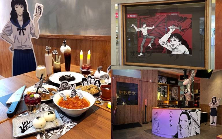 這次位於台北信義威秀的日系潮流餐酒館「歐拉歐拉オラオラ」自9/14起，再度和日本恐怖漫畫大師「伊藤潤二」合作，帶來恐怖的主題餐點和周邊商品。（圖／業者提供）