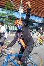 <p>Spike Lee joins a George Floyd protest on bike in Brooklyn on Sunday near Barclays Center.</p>