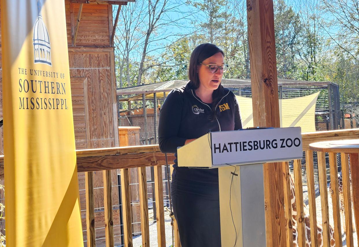 Maria Wallace, assistant professor of Science Education at USM's Center for STEM Education, talks about the impact of a partnership between the university and the Hattiesburg, Miss., Zoo, has on improving STEM education during a news conference at the zoo, Wednesday, Jan. 31, 2024.
