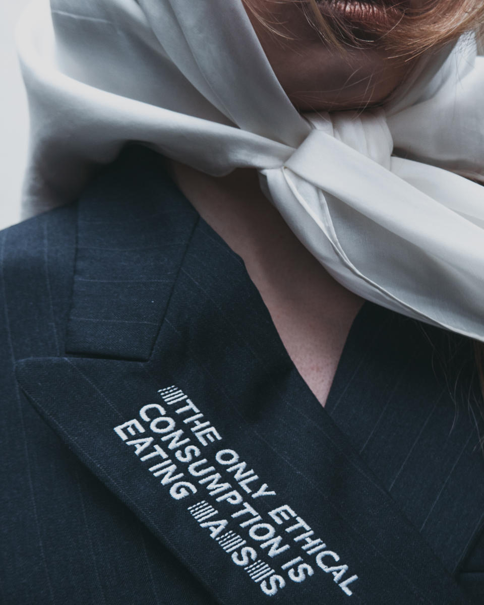 A jacket with a message by Berlin-based brand Melisa Minca. 