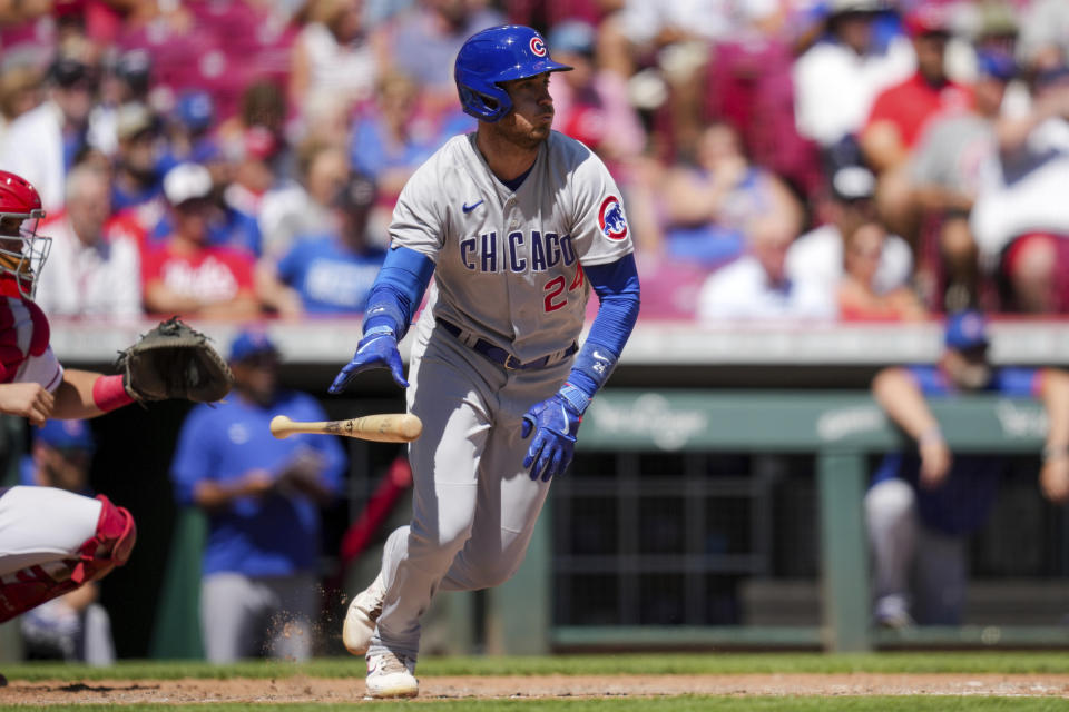 Chicago Cubs' Cody Bellinger watches his two-run single during the sixth inning of the first game of a baseball doubleheader against the Cincinnati Reds in Cincinnati, Friday, Sep. 1, 2023. (AP Photo/Aaron Doster)