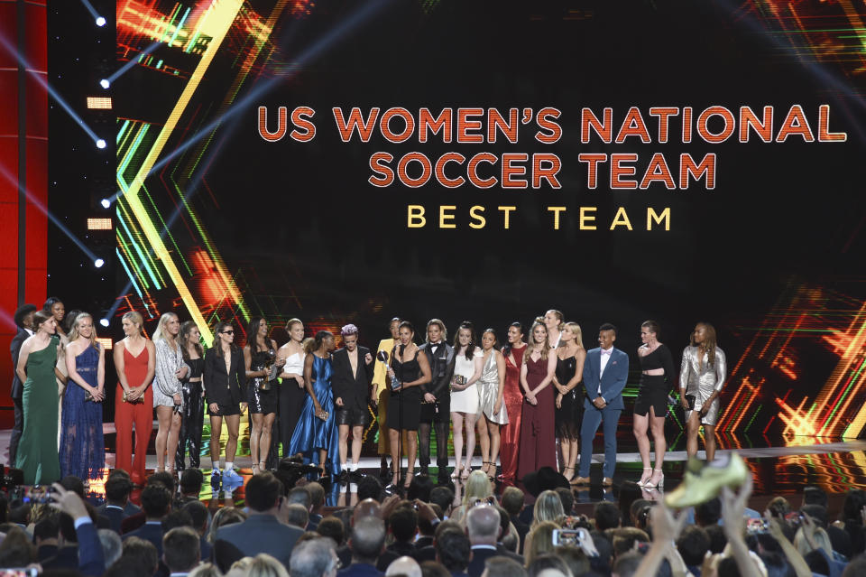 The U.S. women's national soccer team accepts the award for best team at the ESPY Awards on Wednesday, July 10, 2019, at the Microsoft Theater in Los Angeles. (Photo by Chris Pizzello/Invision/AP)