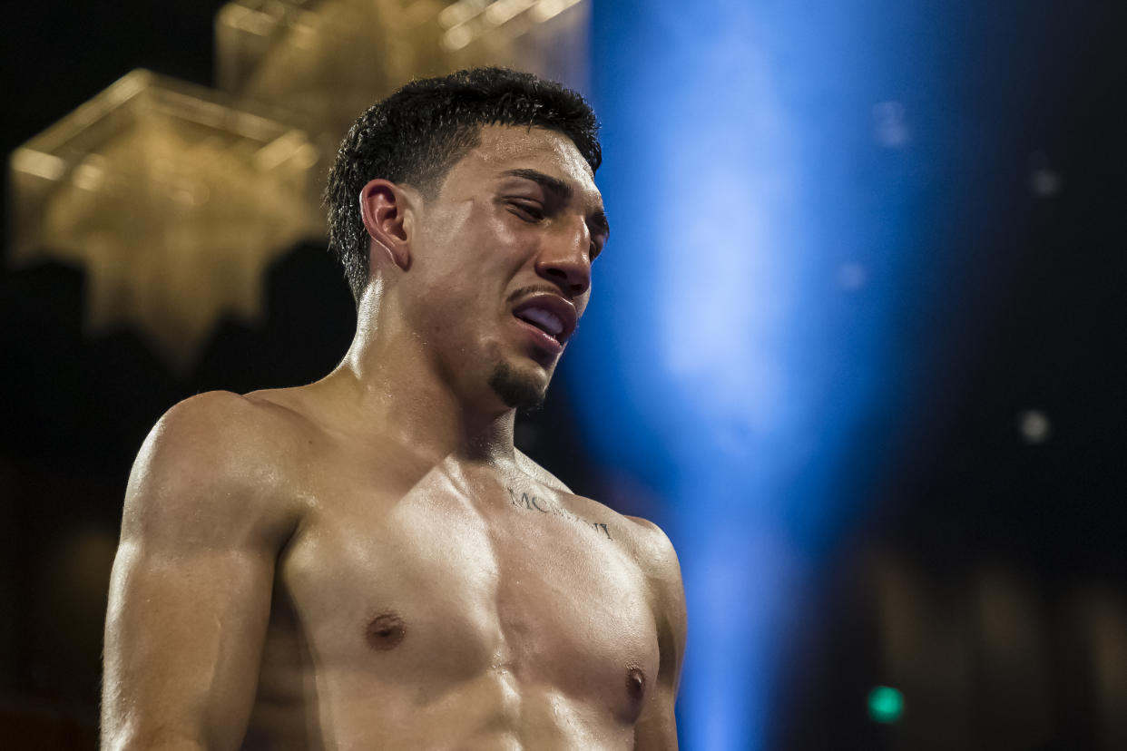 OXON HILL, MD - JULY 19: Teofimo Lopez walks to his corner after the seventh round of his lightweight IBF World Title Elimination fight against Masayoshi Nakatani (not pictured) at The Theater at MGM National Harbor on July 19, 2019 in Oxon Hill, Maryland. (Photo by Scott Taetsch/Getty Images)