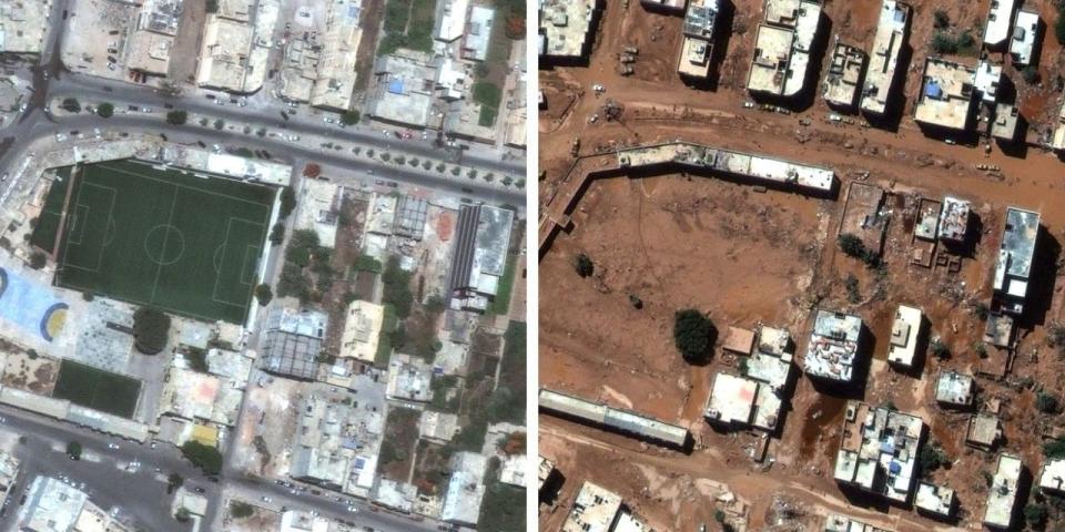 A before and after aerial photo of an area of Derna impacted by the floods.