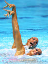 LONDON, ENGLAND - AUGUST 05: Shaza Abdelrahman and Dalia Elgebaly of Egypt compete in the Women's Duets Synchronised Swimming Technical Routine on Day 9 of the London 2012 Olympic Games at the Aquatics Centre on August 5, 2012 in London, England. (Photo by Clive Rose/Getty Images)