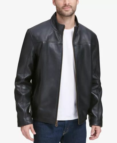 Black leather jacket with standup collar