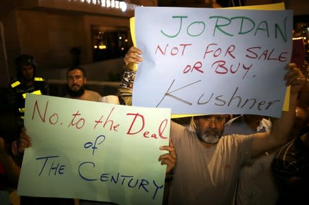 Members of Muslim Brotherhood take part in a sit-in against the Senior White House Advisor Jared Kushner's visit to Jordan, near the U.S. Embassy, in Amman