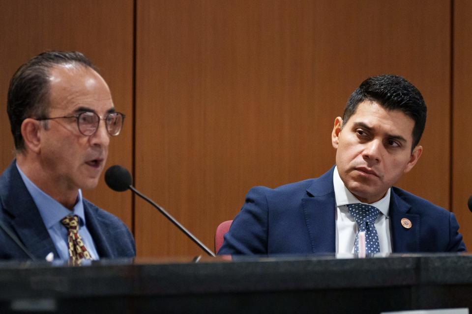 Speaker of the House Steve Montenegro (left) listens as Dr. Richard Urso, MD speaks during day two of the Novel Coronavirus Southwestern Intergovernmental Committee hearings at the state capitol senate building on May 26, 2023, in Phoenix.