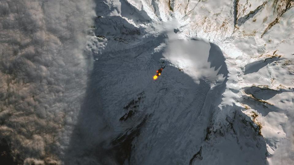 Lava is seen spilling down the side of Mawson Peak, one of Australia's only active volcanoes. Source: Copernicus Sentinel-2/Pierre Markuse