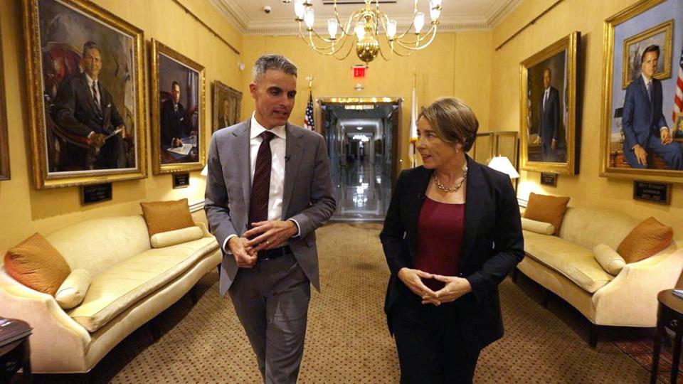 PHOTO: Massachusetts Gov. Maura Healy, the state’s first woman and first openly gay chief executive, speaks with ABC News at the statehouse in Boston.<p>(ABC News)