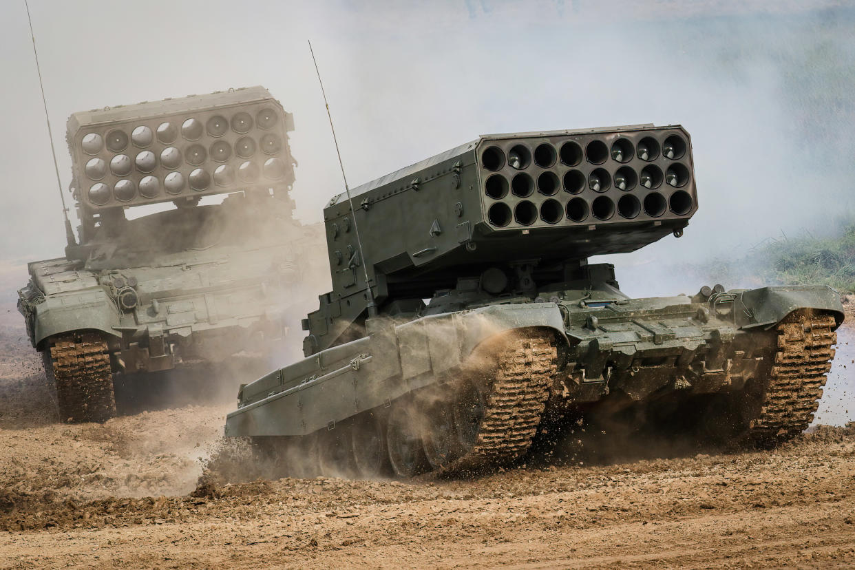 A multiple rocket launcher and thermobaric weapon mounted on a Russian army T-72 tank chassis.