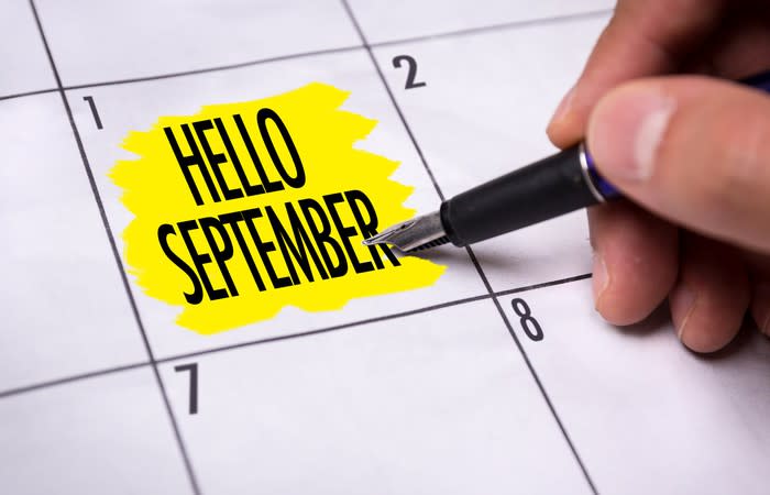 Calendar with "Hello September" highlighted in yellow on the square for day 1