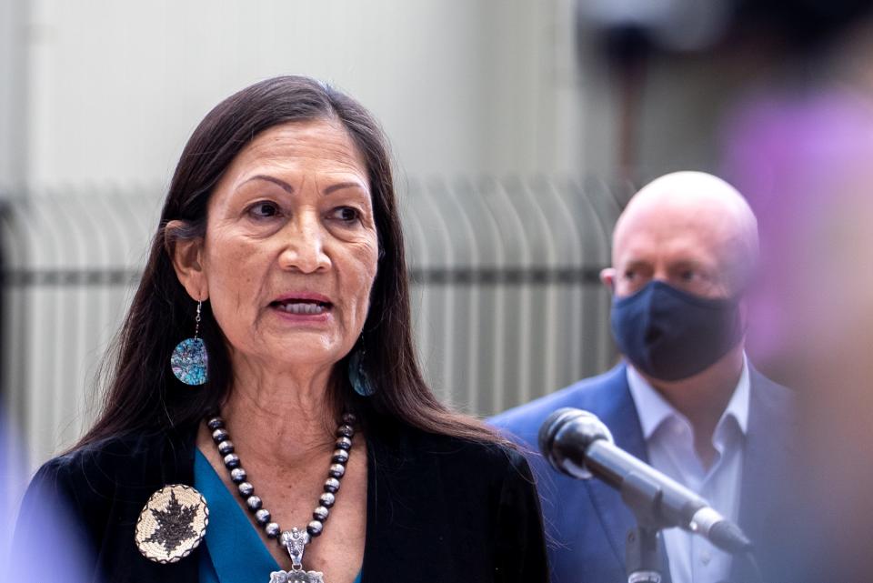 Interior Secretary Deb Haaland speaks to reporters during a press conference outside the Arizona Department of Water Resources building in Phoenix on Feb. 22, 2022.