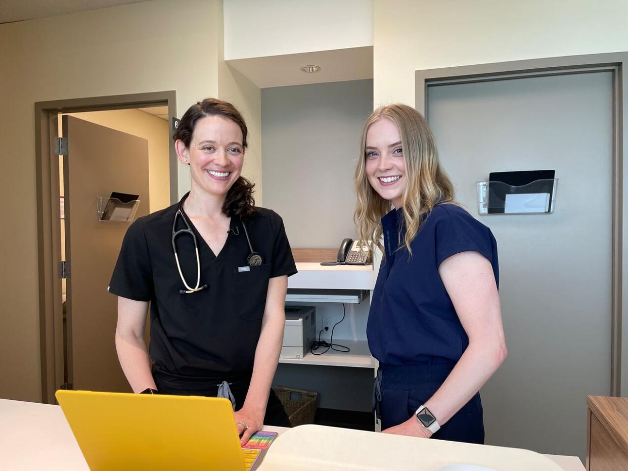 Jordan McPhee, right, is a registered nurse treating patients on the Rainbow Team. Dr. Julie Croteau, left, is a family physician who also works with the team. (Jennifer Lee/CBC - image credit)