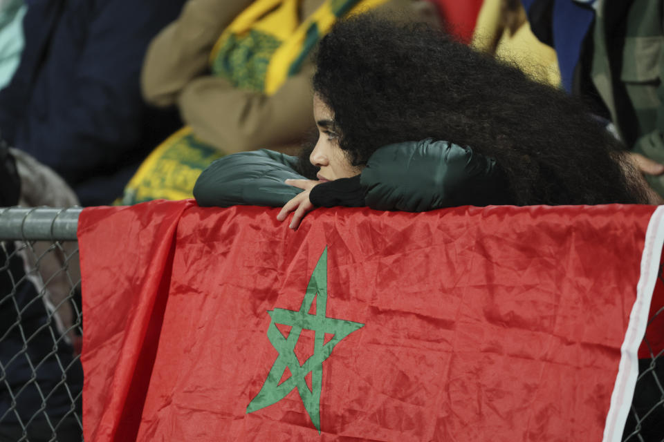 A Moroccan fan reacts during the Women's World Cup round of 16 soccer match between France and Morocco in Adelaide, Australia, Tuesday, Aug. 8, 2023. (AP Photo/James Elsby)