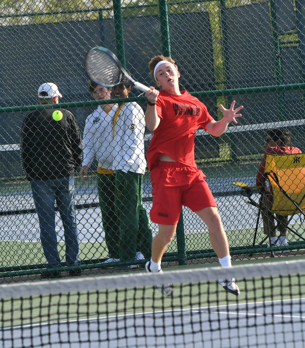 R.J. Poffenberger of Indian Hill makes a forehand return in the second singles at Flight A of the GCTCA Coaches Classic Tennis Tournament, Mason High School, April 27.