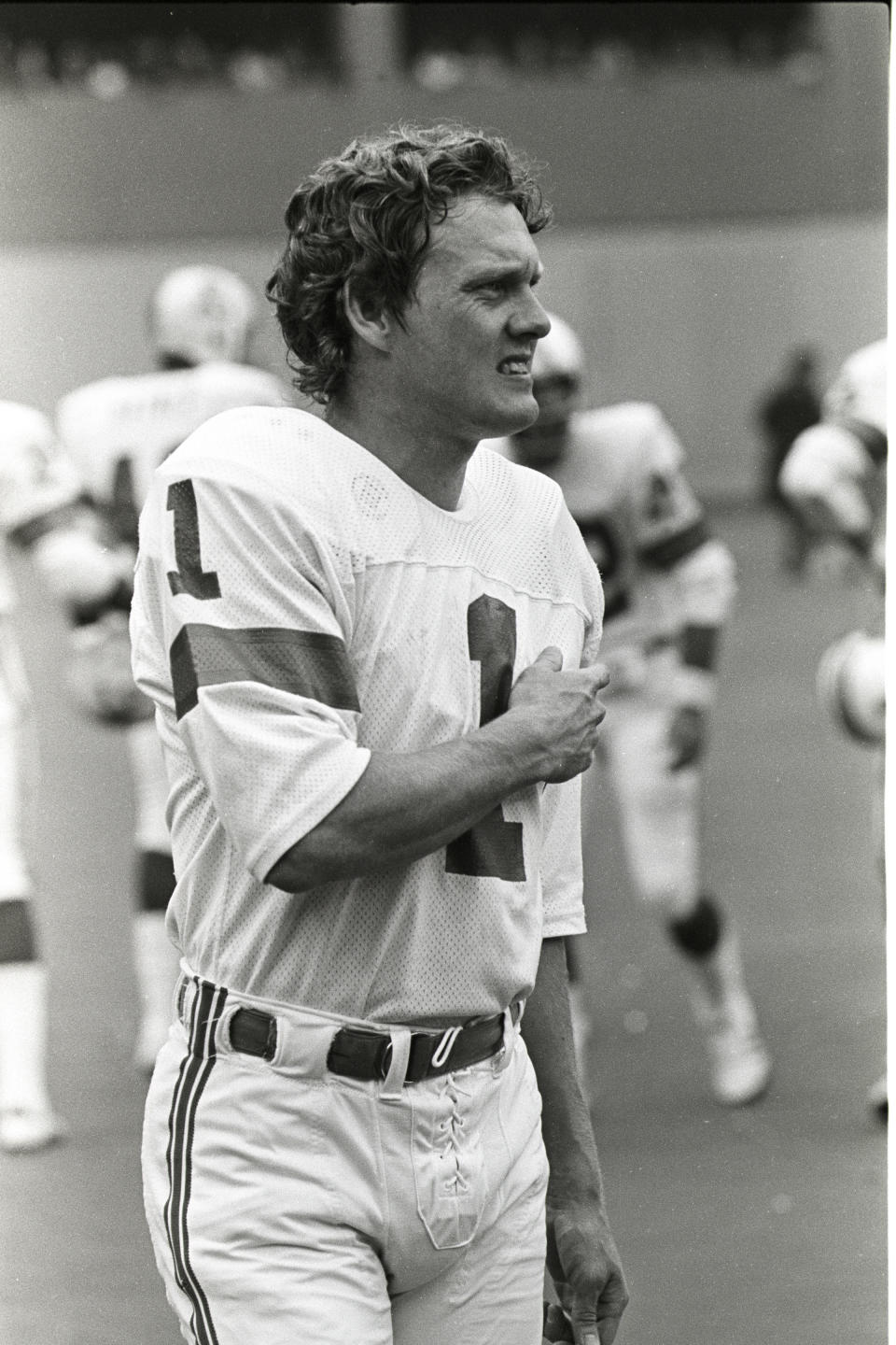 PITTSBURGH - SEPTEMBER 26: Kicker John Smith #1 of the New England Patriots on the sideline during a game against the Pittsburgh Steelers at Three Rivers Stadium on September 26, 1976 in Pittsburgh, Pennsylvania.  (Photo by George Gojkovich/Getty Images)