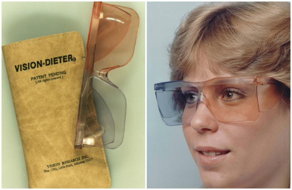 <p>The Arkansas-maker behind these 1970s glasses claimed these funky shades helped users lose weight in two ways: First, shoppers would be less likely to buy food in colorful packages because they couldn't see the eye-catching hues. Second, the blue and brown shades allegedly contained a "secret European color technology" that would help squash hunger pains throughout the day. Yeah, not so much.</p>