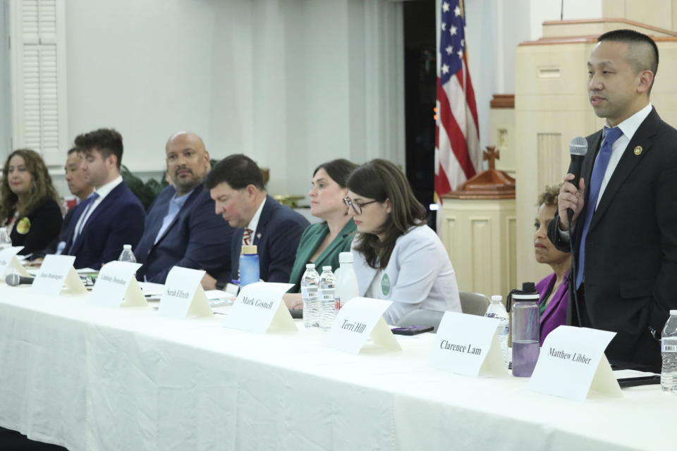 Maryland State Sen. Clarence Lam speaks at a forum of candidates running in the Democratic primary for Maryland's 3rd Congressional District on Wednesday, April 17, 2024 in Annapolis, Md. (AP Photo/Brian Witte)