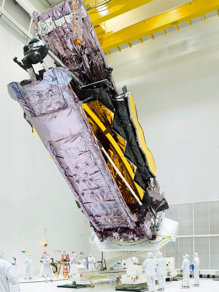 james webb space telescope being raised in cleanroom