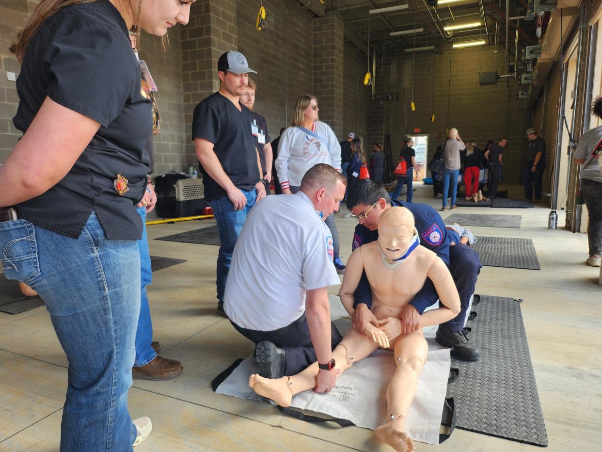 Texas Tech University Health Sciences Center schools of Medicine, Nursing, Veterinary and more participate in Disaster Day simulations including triage station, basic life-saving and bleed control, team lift skills, an AMBUS (ambulance bus) station and an animal rescue station during Thursday simulation.