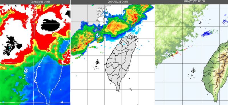 圖：今(31日)晨4：50紅外線色調強化雲圖顯示，台灣海峽及北部海面有對流系統(左圖)；4：50雷達回波合成圖顯示，對流系統伴隨降水回波(中圖)；5時閃電監測圖顯示，對流系統亦伴隨密集閃電(右圖)。