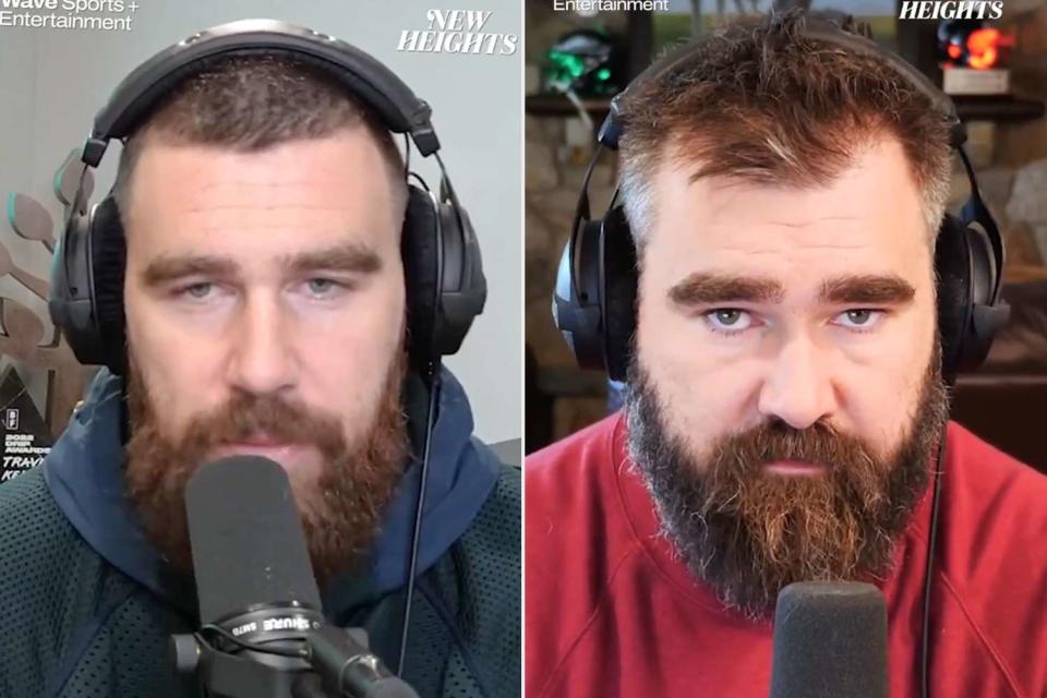 <p>New Heights Show/X</p> Travis and Jason Kelce