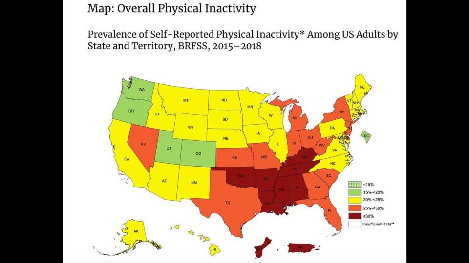 A CDC survey of U.S. adults determined what percentage of adults in each state is considered physically inactive, which means engaging in no leisure-time physical activity during the past month. Screengrab from CDC.