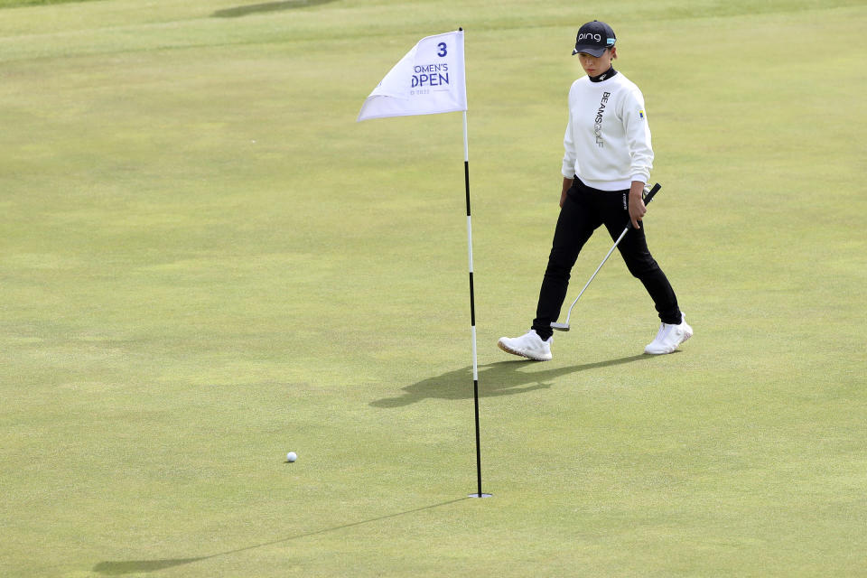 Japan's Hinako Shibuno walks on to the 3rd green during the third round of the Women's British Open golf championship, in Muirfield, Scotland Saturday, Aug. 6, 2022. (AP Photo/Scott Heppell)