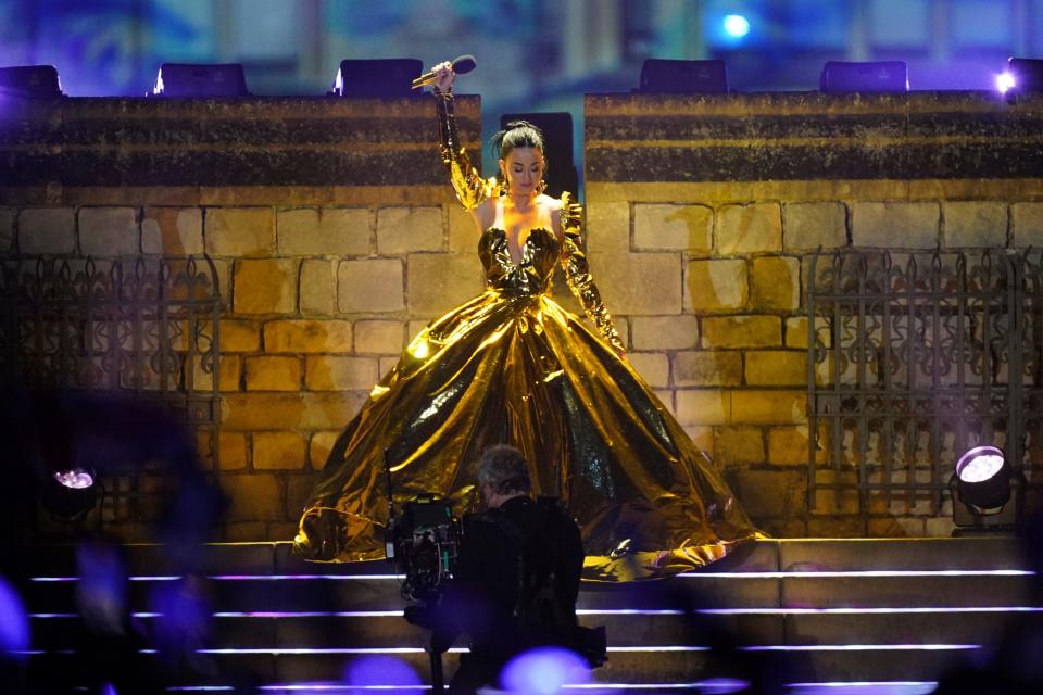 Katy Perry performs during the concert at Windsor Castle in Windsor, England, Sunday, May 7, 2023, celebrating the coronation of King Charles III.