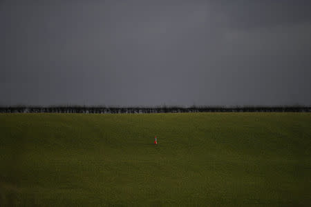 A traffic cone stands in a field on the border between County Donegal and County Londonderry near Lenamore, Northern Ireland, February 1, 2018.