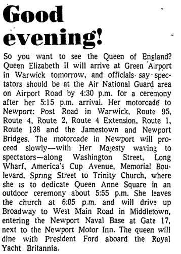 The clipping from the Evening Bulletin of Providence previews the visit of Queen Elizabeth II to Newport in July 1976.