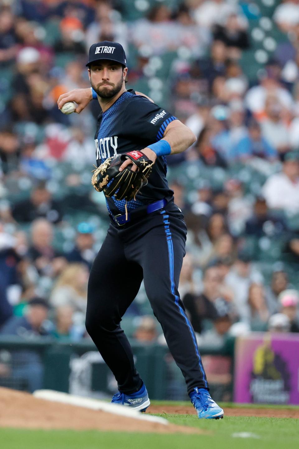 Detroit Tigers third base Matt Vierling (8) makes a throw to first in the fifth inning against the Houston Astros at Comerica Park in Detroit on Friday, May 10, 2024.