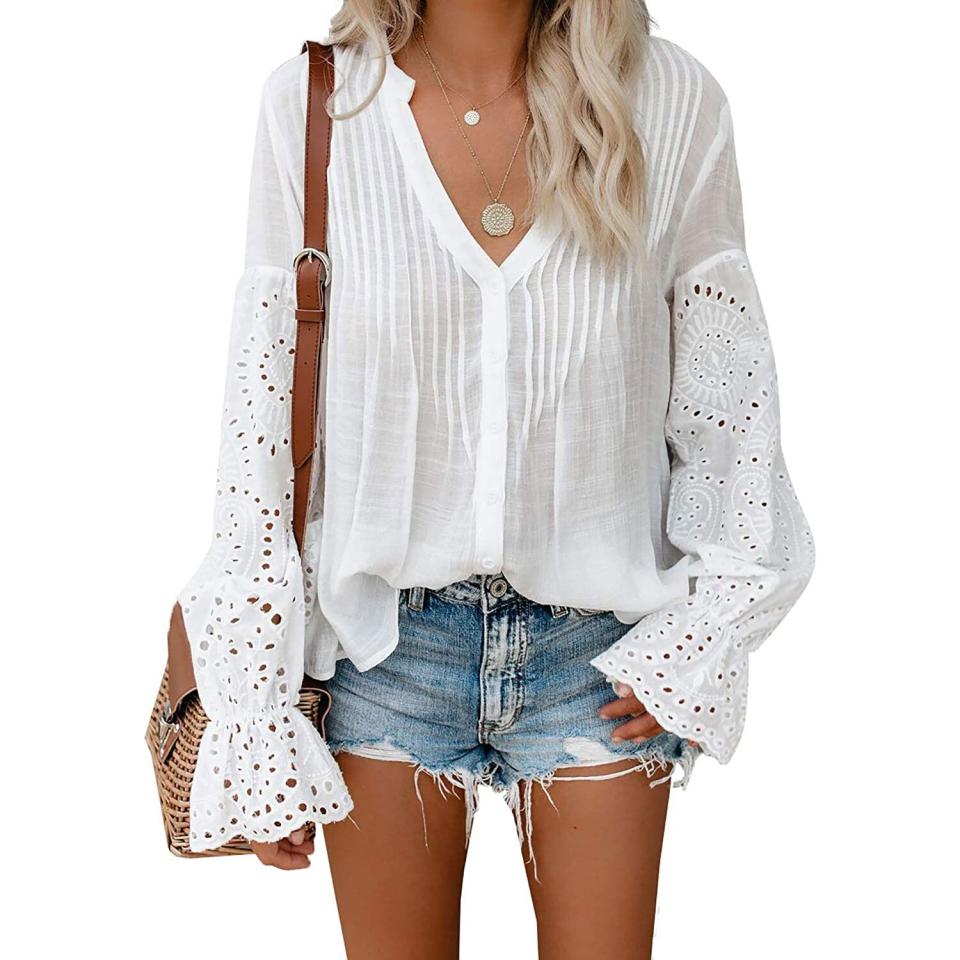 Canikat Women's V Neck Lace Crochet Flowy Bell Sleeve Button Down Casual T Shirts Blouses Tops