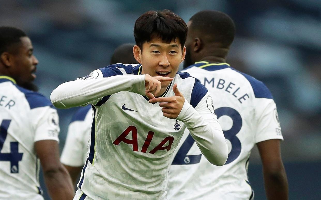 Tottenham's Son Heung-min celebrates after scoring the 1-0 lead during the English Premier League soccer match between Tottenham Hotspur and West Ham United - Shutterstock