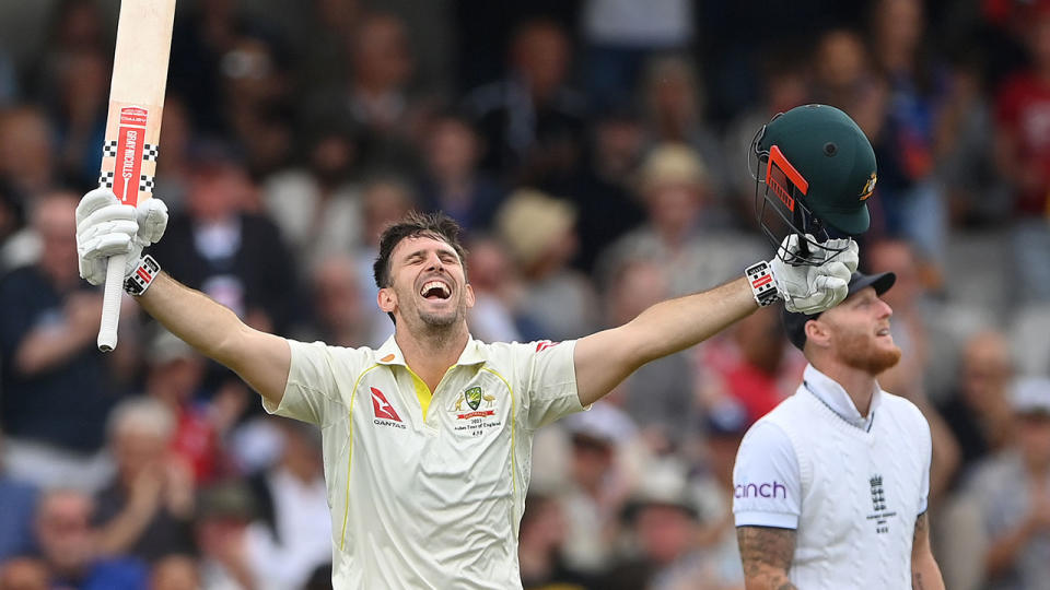 Seen here, Mitch Marsh celebrates a stunning century on day one of the third Ashes Test. 