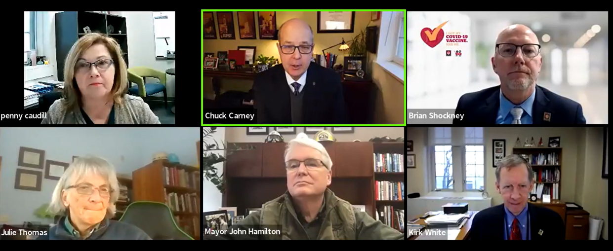 Monroe County community leaders discuss the current state of COVID-19 Friday during a virtual news conference. From left are, top row, Penny Caudill, Chuck Carney and Brian Shockney; second row, Julie Thomas, John Hamilton and Kirk White.