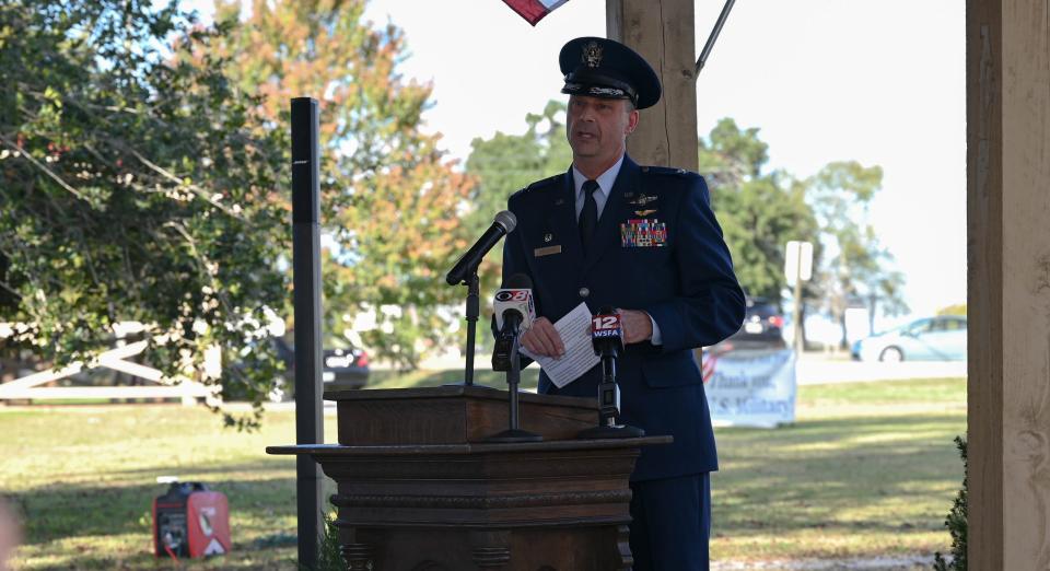 U.S. Air Force Col. Craig Drescher, commander of the 908th Airlift Wing, gives his speech as the distinguished guest speaker at the 11th Annual Veterans Appreciation Ceremony, at the Veterans Memorial at Veterans Park, Pike Rd, Alabama, Nov. 6, 2022. Drescher shared touching moments from his military service as well as thanked those who have served.