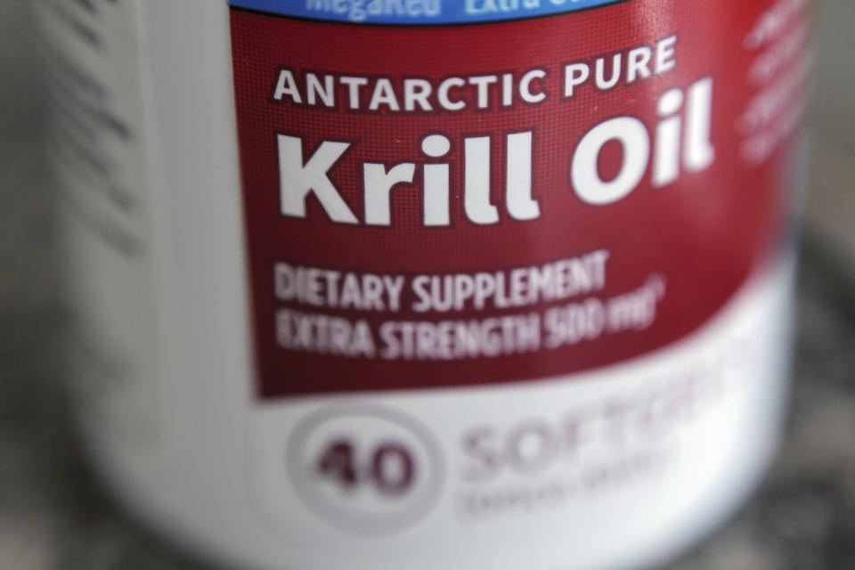 A bottle of krill oil softgel pills is seen in New York on Saturday, Sept. 30, 2023. Krill oil capsules were introduced in the early 2000s amid growing interest in omega-3 fatty acid supplements and their purported role in promoting heart, brain and joint health. (AP Photo/Patrick Sison)