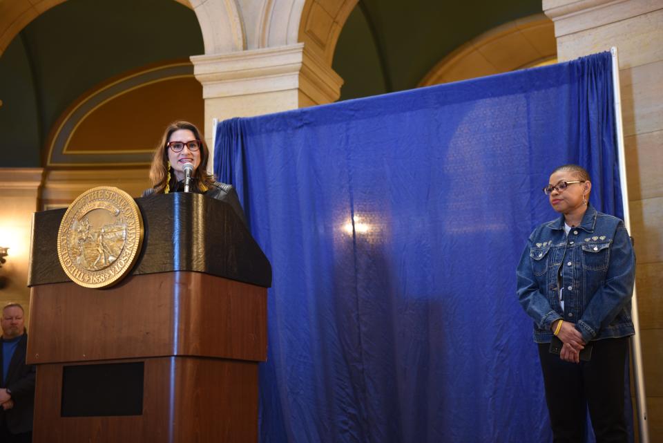 Lt. Gov. Peggy Flanagan speaks at Black Entrepeneur's Day at the Minnesota State Capitol in St. Paul, Minnesota on Feb. 16, 2024.