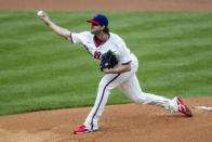 Philadelphia Phillies starting pitcher Aaron Nola (27) throws during the first inning of a baseball game against the St. Louis Cardinals, Sunday, April 18, 2021, in Philadelphia. (AP Photo/Laurence Kesterson)