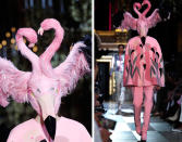 <p>Unter dem Titel „Schiaparelli Animalia Fantasia“ schickte Bertrand Guyon seine Models in tierischen Looks über den Catwalk. Eine gefiederte Flamingo-Maske zollte Tribut an die verstorbene Designerin Elsa Schiaparelli, die Masken bekanntlich gerne als Stilmittel nutzte. (Bild: AP Photo) </p>