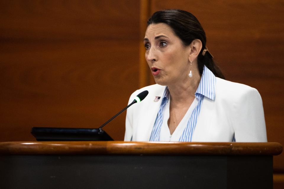 Neuces County Judge Barbara Canales provides a comment at a Port of Corpus Christi Authority public meeting on May 24, 2022.